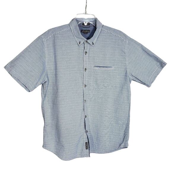 Eddie Bauer Mens Shirt Large Button Classic Fit Striped Blue Pocket Short Sleeve - Picture 1 of 9